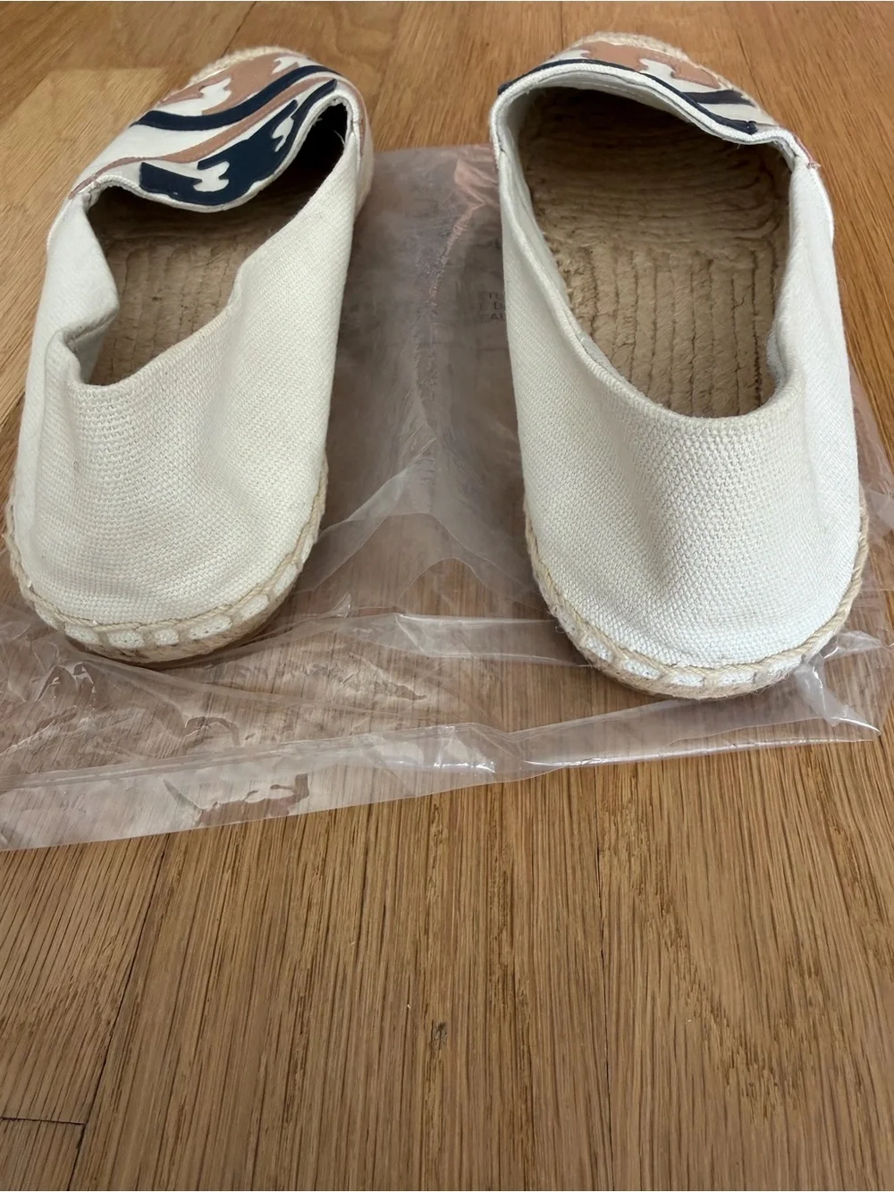 Tory Burch Canvas Espadrilles in Cream with Black & Tan Logos